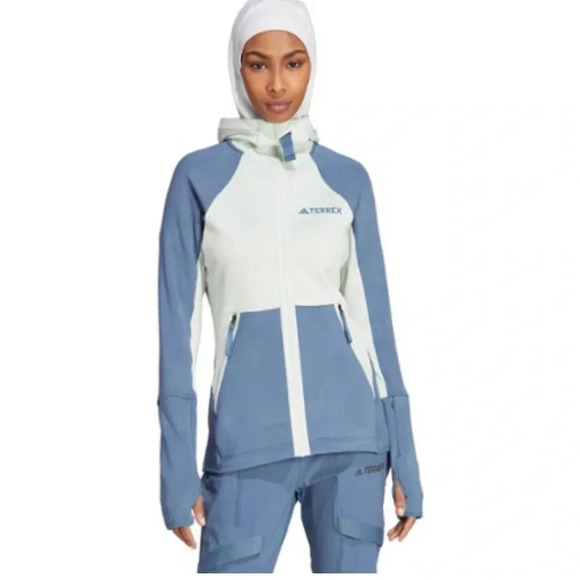 adidas Women's M Medium Terrex Tech Fleece Hooded Jacket NWT Blue Light Green - Picture 7 of 16